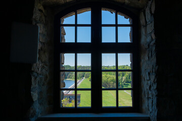 Fototapeta premium View from the window of the castle in Dobczyce on the Dobczyce Lake and the Dobczyce dam. Dobczyce, Malopolsie, Poland