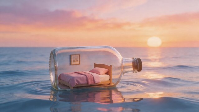 Miniature bed in bottle floating on sea