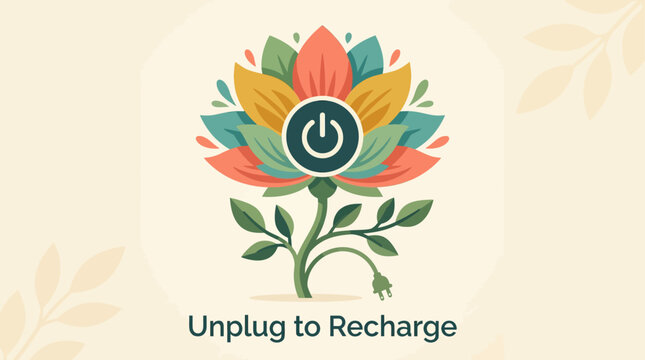 A colorful floral illustration with a power button icon and the text Unplug to Recharge.