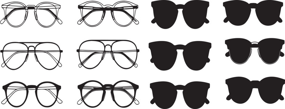 Collection of various stylish sunglasses and eyeglasses on a white background