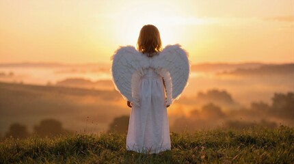 Fototapeta premium Young girl wearing white angel wings standing on grassy hill at sunset. Back view of child looking at golden horizon. Hope and spirituality concept