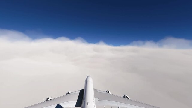 Airplane Soaring Above Clouds in a Clear Blue Sky, move forward camera.