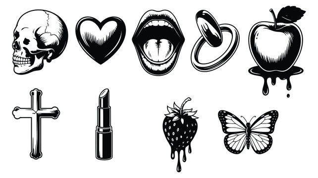 Black and white tattoo style set with skull heart tongue ring apple cross lipstick strawberry butterfly