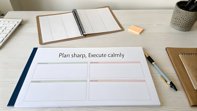 A planner and pen on a clean desk for organized planning