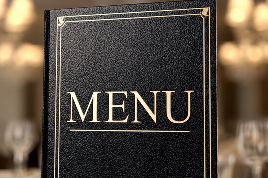 Elegant black leather restaurant menu cover with gold embossed lettering and decorative border.
