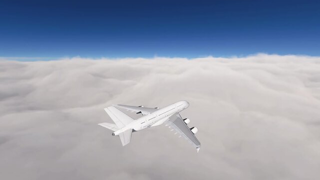 White Airplane Flying Above Clouds with Blue Sky Horizon.