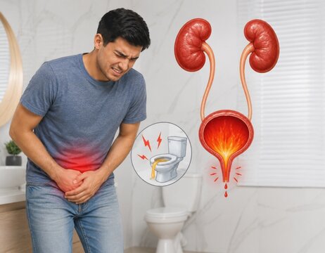 Painful Urinary Tract Infection (UTI) and Bladder Inflammation Medical Illustration
