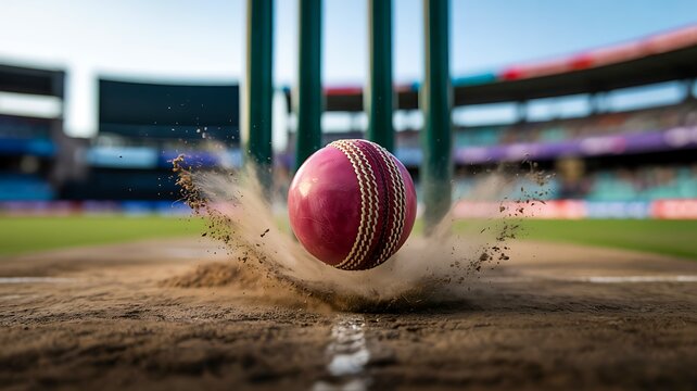 Cricket ball hitting ground with dust explosion in stadium and dynamic sports action concept