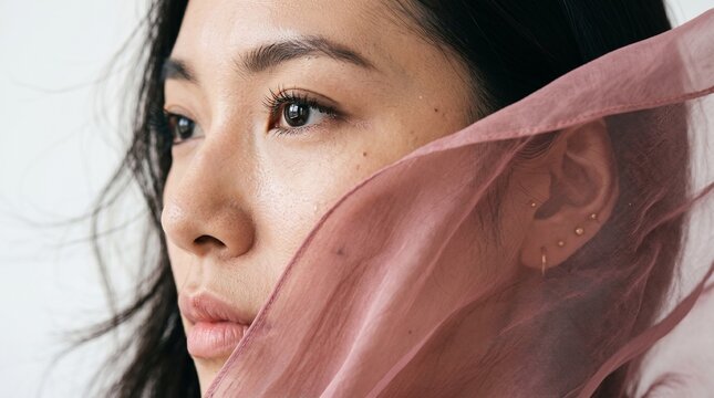 Close up portrait of a young woman behind pink sheer fabric