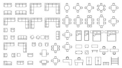 Obraz premium Top View Architectural Furniture Floor Plan CAD Block Vector Line Art Symbol Set