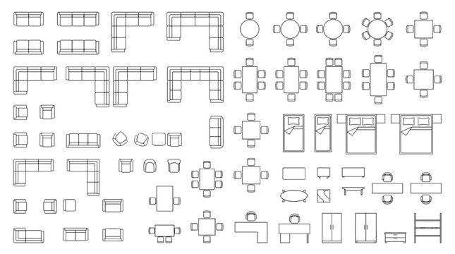 Top View Architectural Furniture Floor Plan CAD Block Vector Line Art Symbol Set