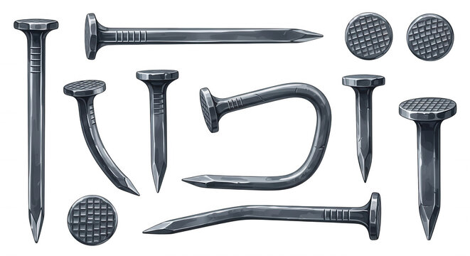 Collection of iron nails in various positions, including straight, bent, and curved metal fasteners with textured heads on black background