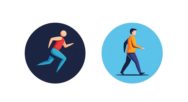 Two stylized of people running on circular blue and dark blue backgrounds person circle