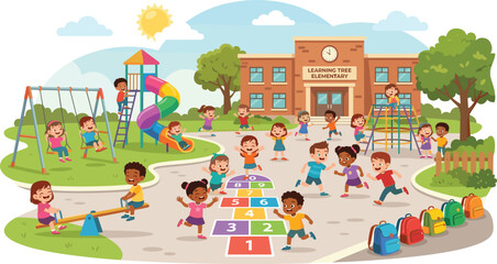 Diverse happy cartoon school children playing together in elementary schoolyard playground during recess break vector background illustration © MdAlom