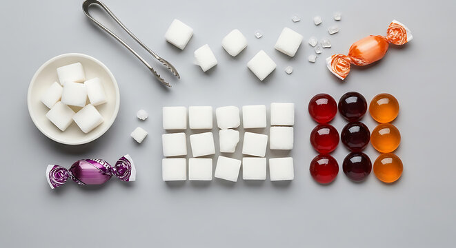 Sugar Cubes Arranged with Hard Candy and Tongs in Minimal Flatlay on Gray Background