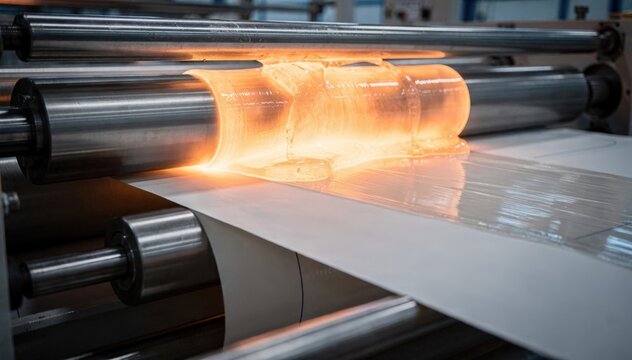 Highspeed medium shot capturing the rapid fusion of molten polymer film onto a fastmoving paper web in an extrusion lamination line for mass production efficiency.