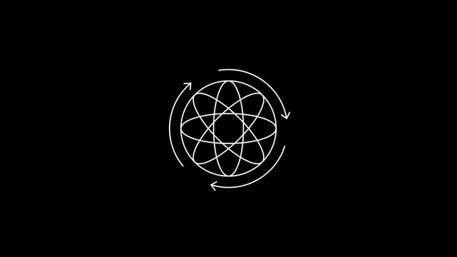 Globe with rotating arrow icon loop animation on black background.