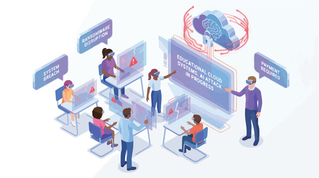 Isometric illustration of people in a virtual reality classroom setting.
