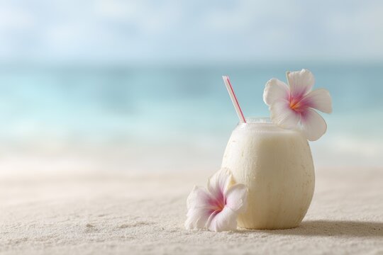 Fresh young coconut drink with straw and tropical flower placed on beach sand with ocean background