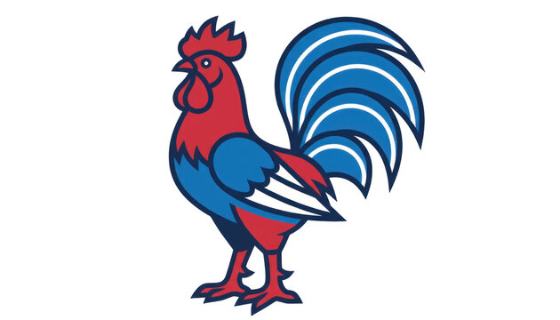 Stylized rooster mascot illustration, patriotic red white and blue cockerel character, bold farm animal logo for sports team or food branding isolated PNG with Transparent Background