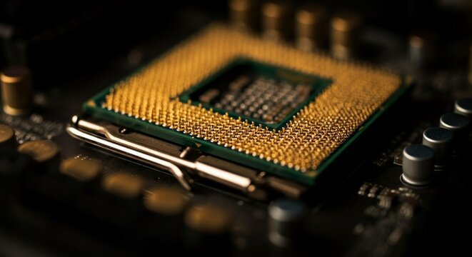 Dynamic Dutch angle shot of a highly detailed golden CPU socket on a dark motherboard.