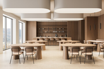 Obraz premium Modern minimalist restaurant interior with wooden tables, soft lighting, panoramic windows and elegant neutral-toned architecture design. 3D Rendering