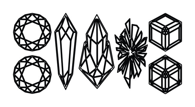 Geometric crystal line art icons, minimalist diamond and gemstone vector set, black and white mineral shapes for mystical branding and jewelry design