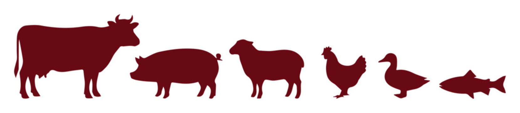 Farm animal silhouettes in dark red, livestock vector set including cow pig sheep chicken duck and fish, butcher shop and meat market icons
