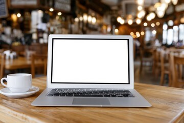 Fototapeta premium A laptop with a blank screen and a cup of coffee on a wooden table in a cozy cafe.