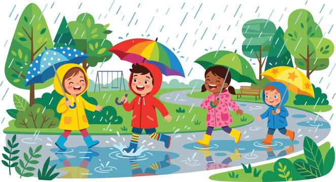 Cute kids group holding colorful umbrellas playing together outside on wet park pathway in rain cartoon flat design