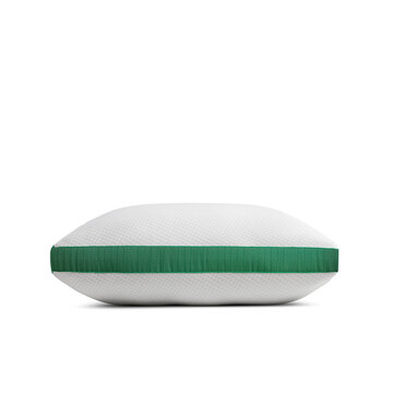 An isolated straight side profile view of a white memory foam bed pillow featuring a thick, bright green air-mesh strip for summer cooling and breathability.