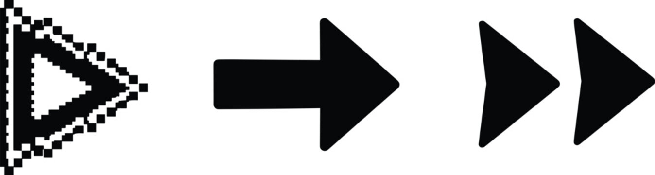 Arrow icons showing progression from pixelated triangle to modern forward and fast forward symbols, design transformation vector illustration