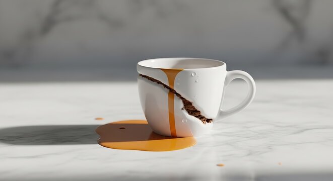 Coffee cup with spilled brown liquid.