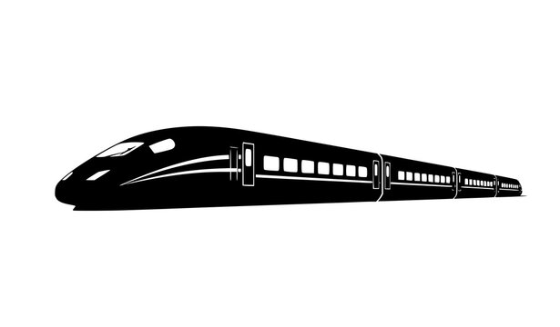 Black silhouette of a modern high speed train with white accents on a plain background