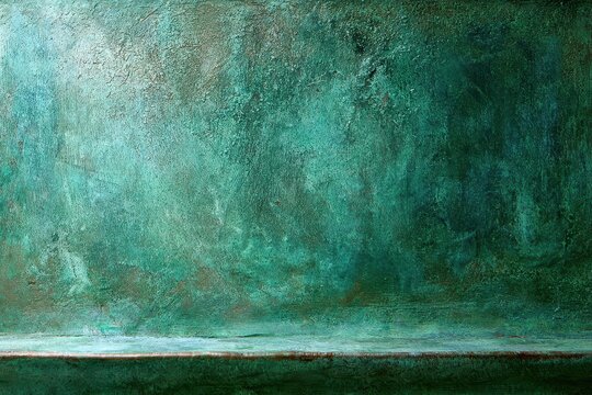 Textured green patina surface with a subtle horizontal shelf, abstract background for design