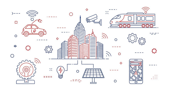 Smart City Technology Concept Illustration with Connected Urban Infrastructure.