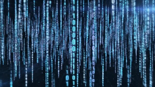 Abstract digital rain data stream of binary code on black background