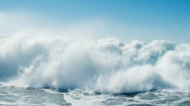 Ocean wave cresting in clear water under a bright blue sky