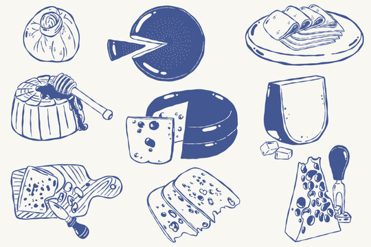 Hand drawn assorted cheese collection with dairy food sketches in rustic style