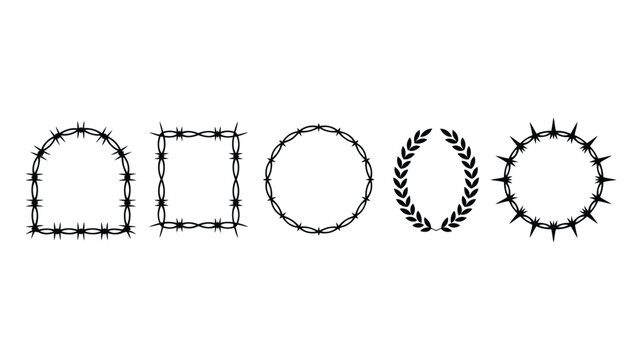 Five black barbed wire and laurel wreath line on white background