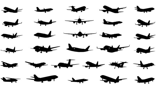 Collection of diverse airplane silhouettes in various flight positions