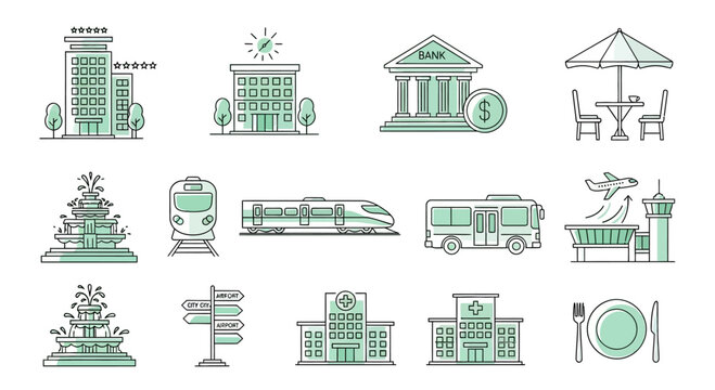 Set of city and travel infrastructure line icons.