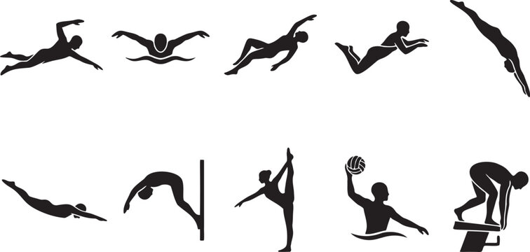 Swimming & Aquatic Sports Silhouette Icon Sheet.
