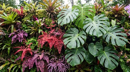 Obraz premium Lush vertical botanical garden wall completely covered in diverse tropical foliage features massive glossy leaves mixed with delicate ferns.