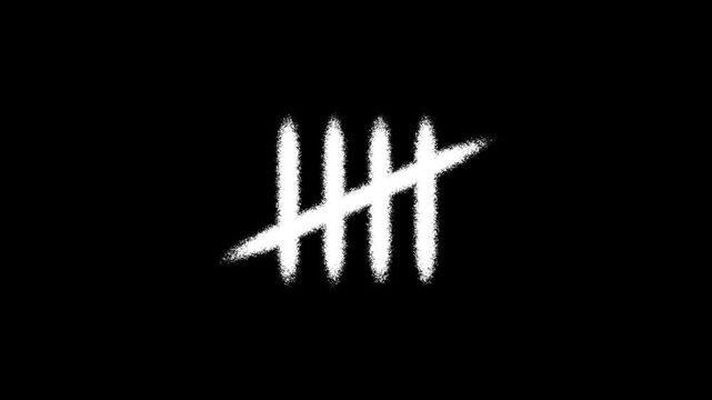 Animation tally mark five prison wall concept, five brush strokes, black background.