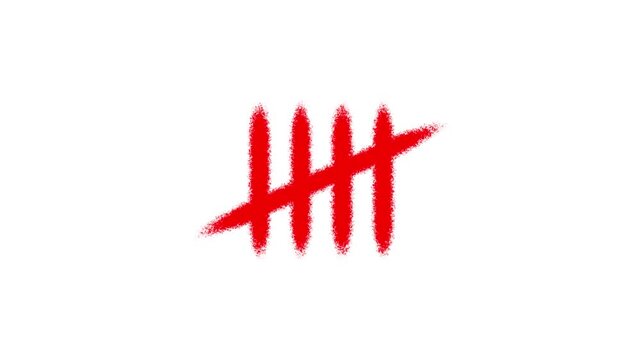 Animation tally mark five prison wall concept, five brush strokes, white background.