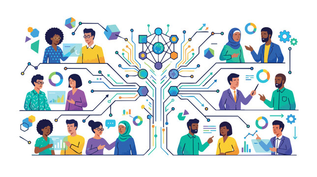 Inclusive enterprise teams collaborating on a centralized AI-driven data ecosystem for scalable digital transformation and cross-functional business intelligence.