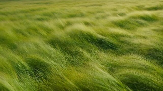 Mesmerizing movement of a verdant field, where fresh green blades of grass or young crops gracefully ripple under the caress of the wind, highlighting natural patterns