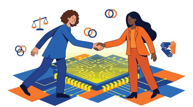 Diverse female leaders establishing ethical AI governance and strategic tech partnership in the semiconductor industry