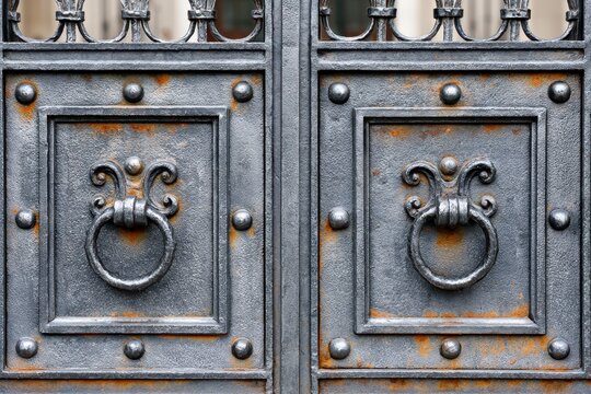 Close-up of an antique, weathered wrought iron gate with ornate ring handles and visible rust.